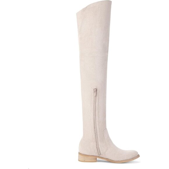 Women Beige Faux Suede Over The Knee Thigh High Low Block Heel Pointed Toe Boot - Picture 3 of 6